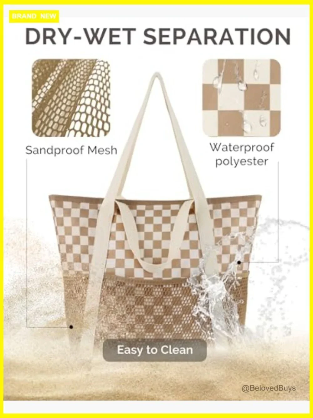 Large Beach Tote Waterproof Sandproof Tote with Zipper and Mesh Pockets